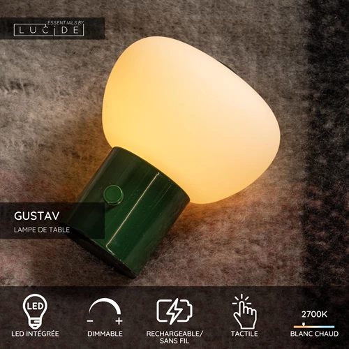 Lucide GUSTAV - Lampe de table Rechargeable - Batterie/Piles - Ø 8 cm - LED Dim. - 1x0,8W 2700K - Vert | Essential - USP